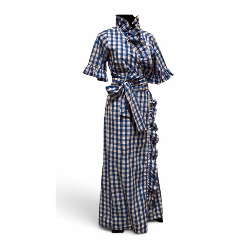 Elizabeth Wilson Anne Claires Ruffle Wrap Maxi Dress Blue Gingham Sz Medium NEW